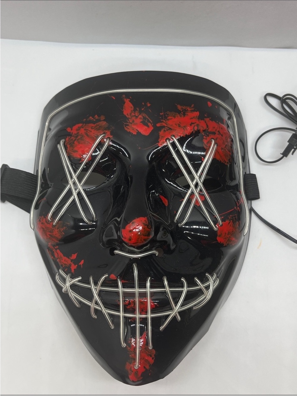 Halloween LED Light Up Purge Mask Black with Blue Wire & Red Paint NEW